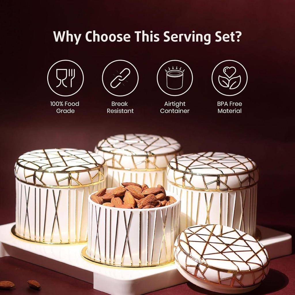 Airtight Dry Fruit Container Set- 4 Pieces (450mL each), Snacks Serving Bowls with Tray, Classic White, Serving Tray with Bowls for Snacks