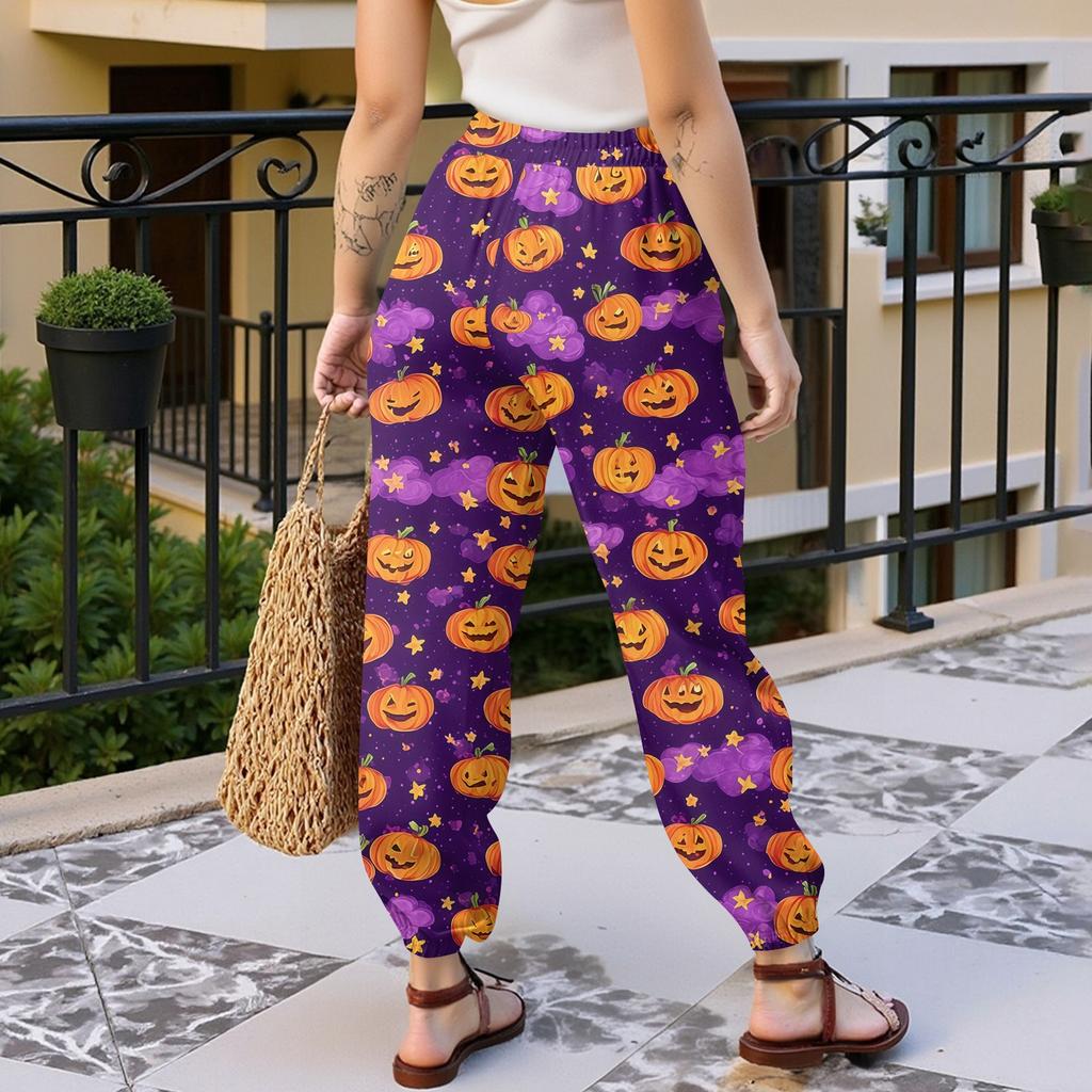 Women's Halloween Print Joggers Sweatpants - Drawstring Elastic Waist Cuffed Casual Pants for Fall Holiday Party