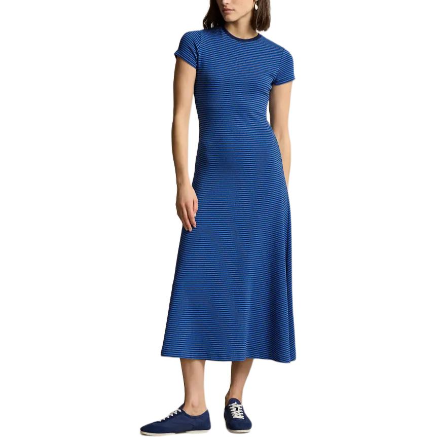 Polo Ralph Lauren Striped Round Neck Waist Cinched Mid-Length Short Sleeve Dress Women Dresses Dark-Blue WMPODRSNFA20664-400