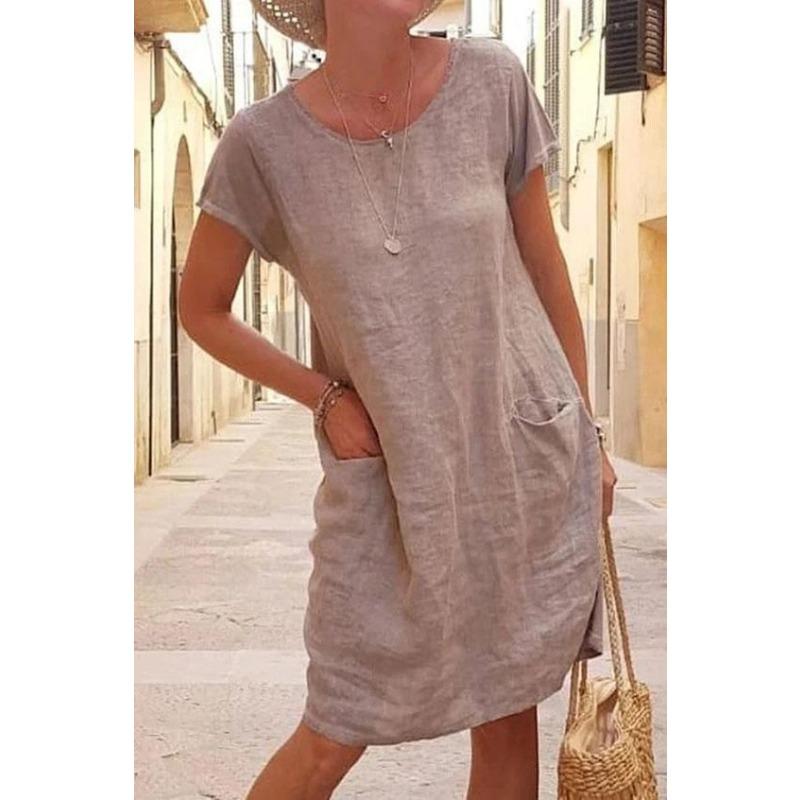 

YYFS Женская мода лето весна однотонный принт короткий рукав О-образный вырез средняя талия повседневные платья XXL хаки