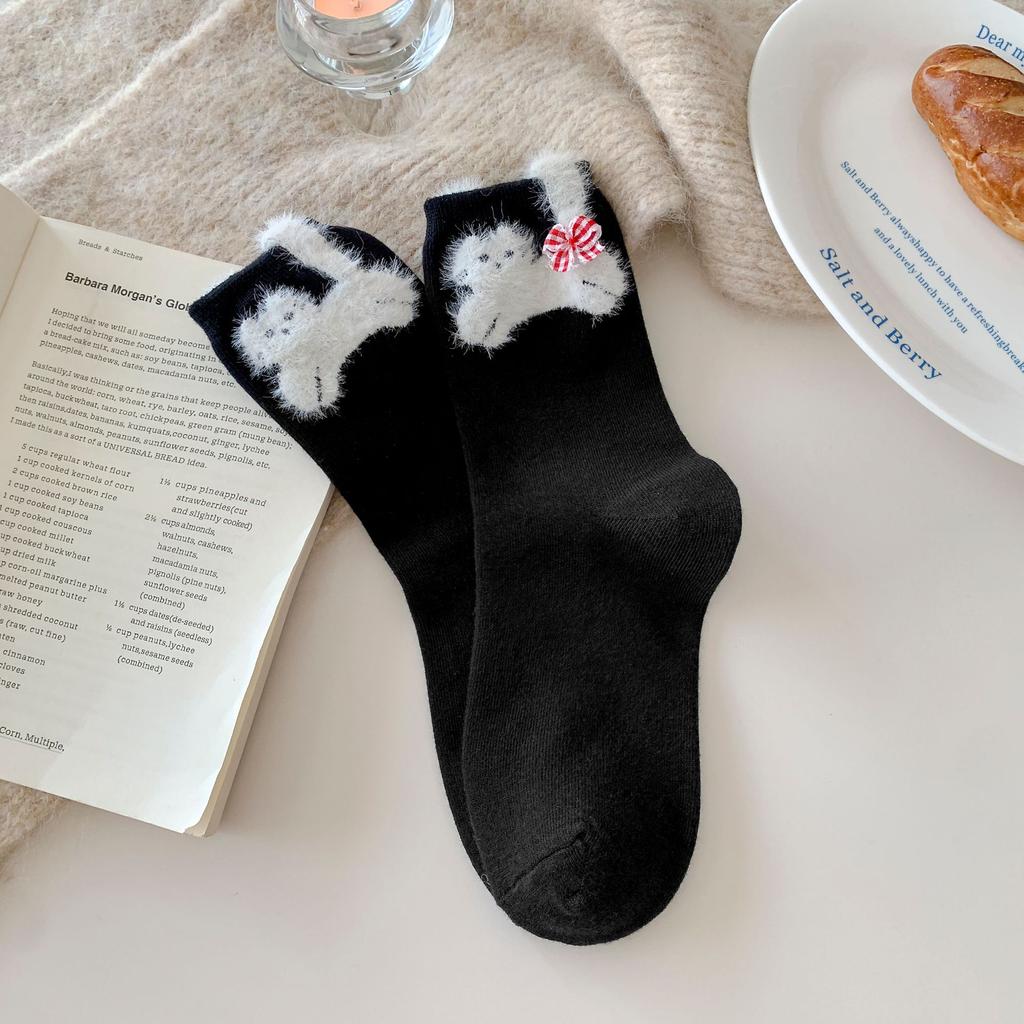 Three-Dimensional Plush Kittens Pile Up Socks Korean Sweet Plaid Mid-Leg Socks Bow Decoration Soft Glutinous Socks Milk White Cotton