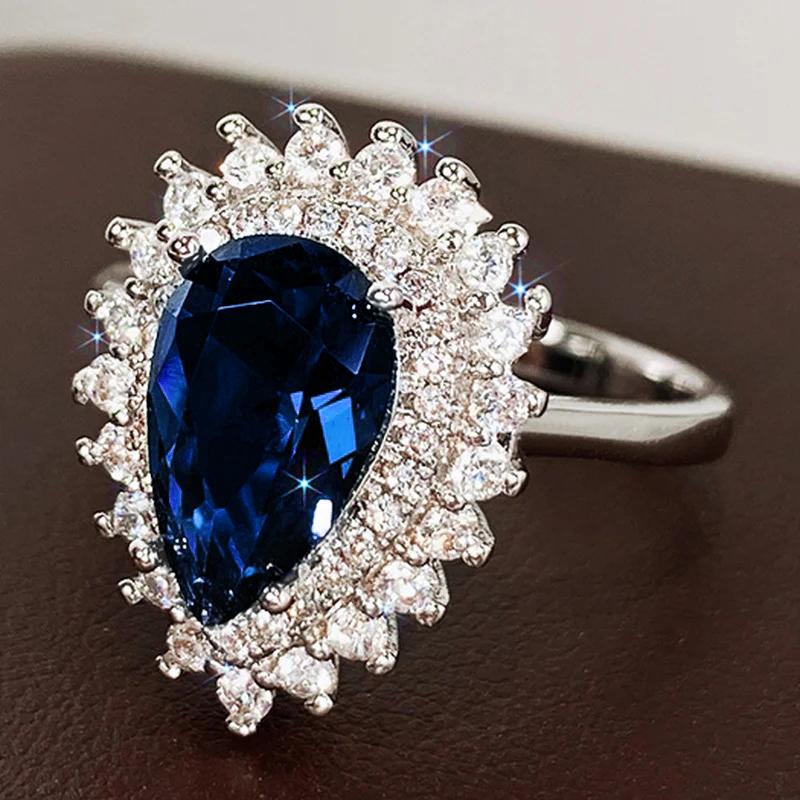 Huitan Waterdrop Cubic Zirconia Women Rings Luxury Green/Blue/Crystal/Pink Pear Rings Engagement Wedding Elegant Female Zircon