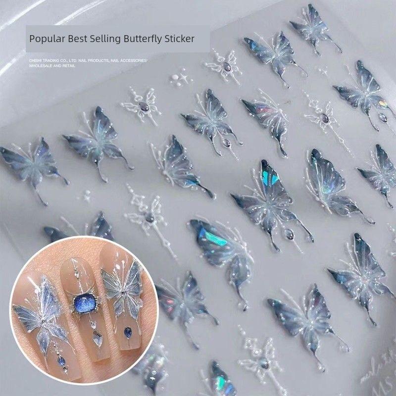 

New Arrival Jelly Ice Crystal Blue Butterfly Nail Sticker Three-Dimensional Relief Shell Light Liquid Pink Butterfly Nail Decals Ice Crystal Blue Jelly Butterfly Sticker 1 sheet