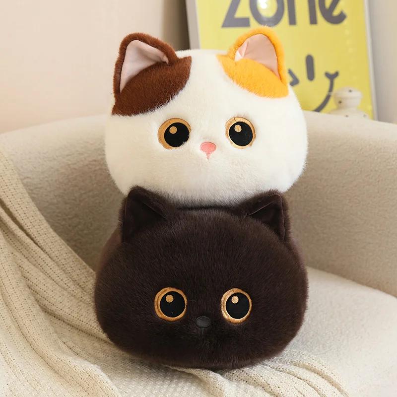 Adorable Round Cat Plush Pillow Soft Fluffy Stuffed Siamese Calico Black Brown Kitty Cushion For Sofa Back Decor