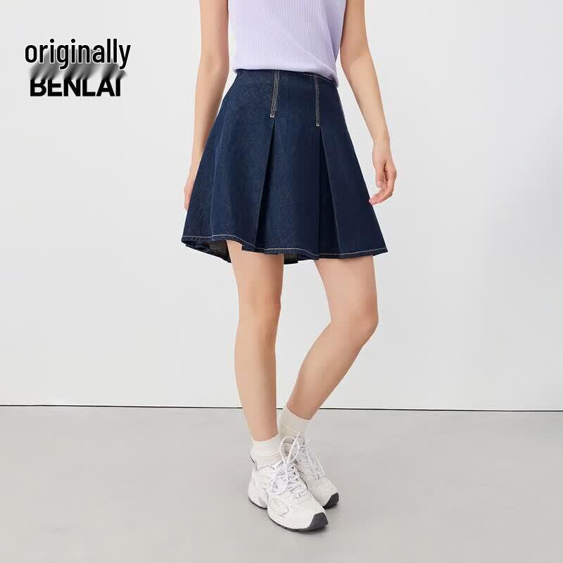 BENLAI Women s Retro Pleated Denim Midi Skirt M (28)