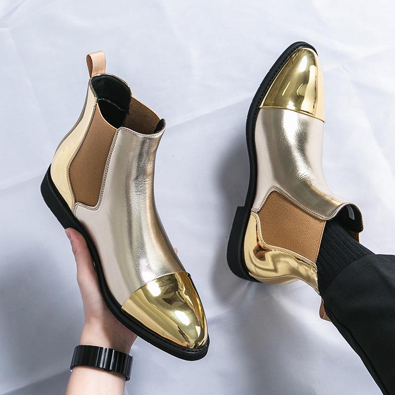 Gold Fashion Men s Pointed Toe Chelsea Boots - High Top Leather Hairdresser Boots 43 золотой