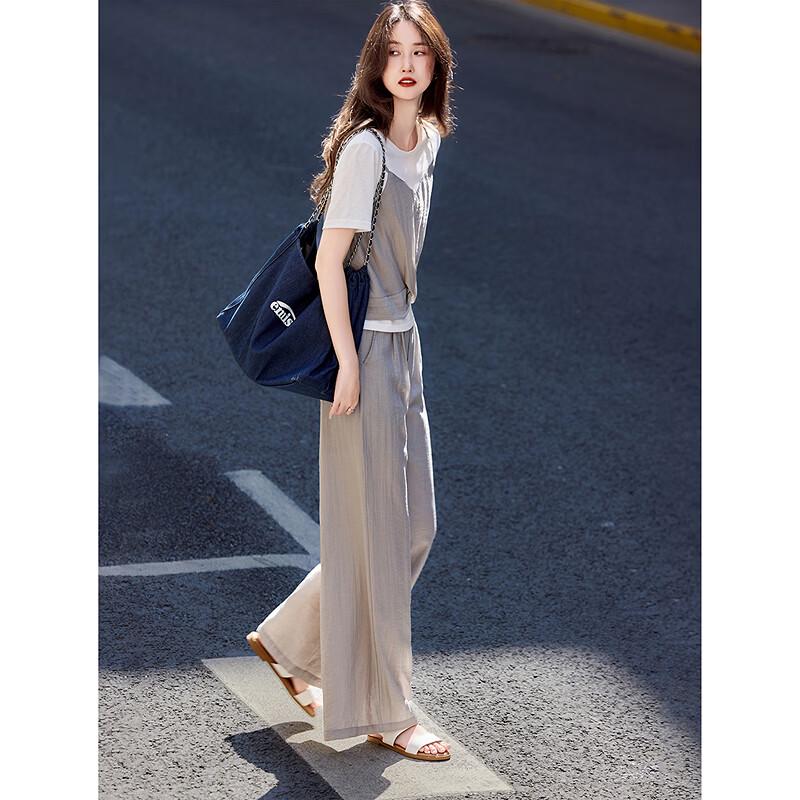 Women's Lyocell Linen Blend Faux Two-Piece T-Shirt & Wide-Leg Pants Set