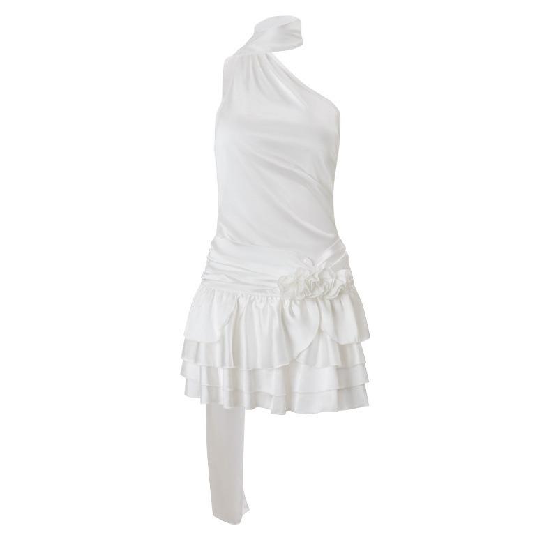 Women s Spring New Sexy French Temperament High Sense One-word Shoulder Satin Backless Dress Women S белый