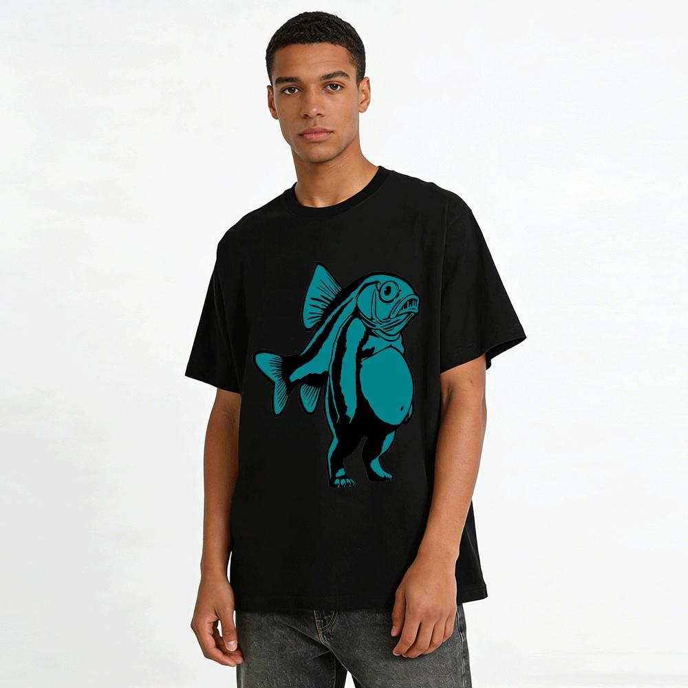Seltsamer Fisch-Mensch-Hybrid-Druck Lässiges Kurzarm-T-Shirt Reines Baumwoll-T-Shirt