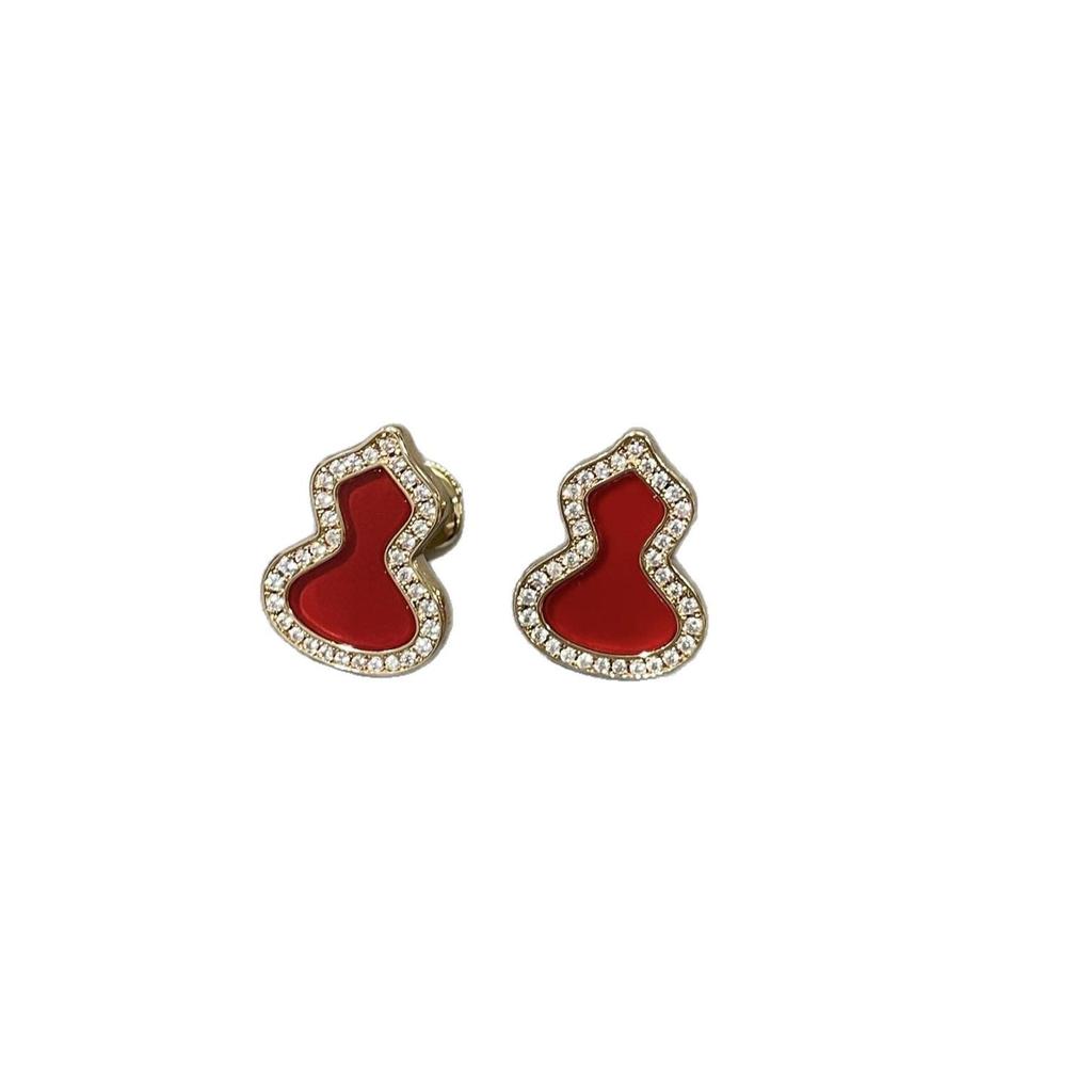 Elegant Fu Lu Red Gourd Jewelry Set: Diamond Inlaid Necklace, CNC Precision Carved Bracelet, 18k Rose Gold Earrings