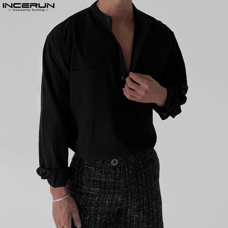 INCERUN Men Collarless Long Sleeve Striped Texture Shirts Casual Tops
