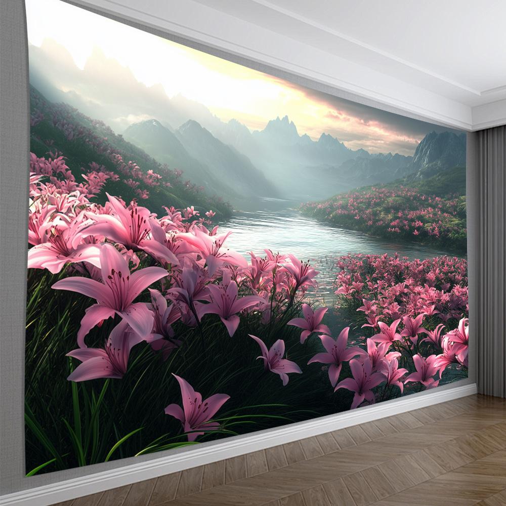 Lily flower sea view Digital printing polyester wall hanging tapestry decorative Living room bedrooms Office background gift