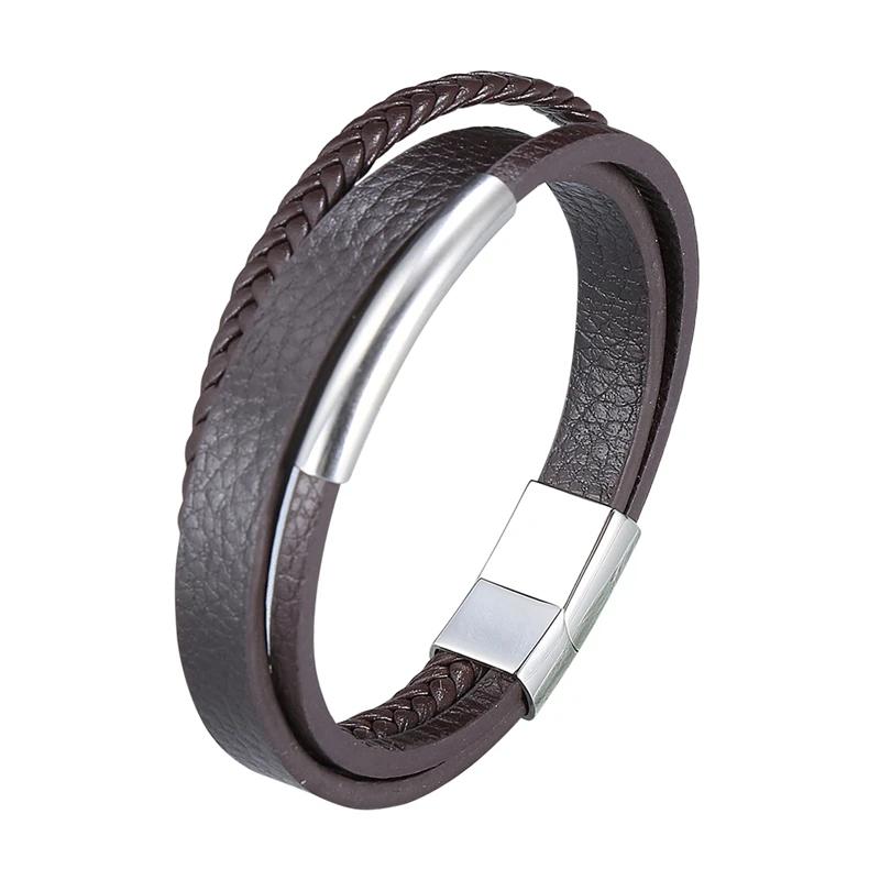 

Trend Stainless Steel Charm Men Bracelet Leather Genuine Braided Punk Rock Bangles Jewelry Accessories Inner Perimeter205mm коричневий