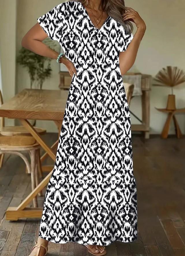 European and American Independent Station Autumn and Winter Fashionista Casual Sweet Loose V-Neck Printed Medium Sleeve Long Dress