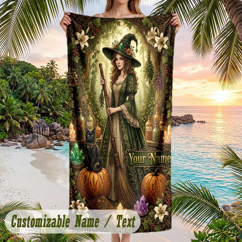 Witchcraft Theme Beach Towel Personalized Custom Name & Text Soft Quick Dry Beach Towel for Swimming Travel