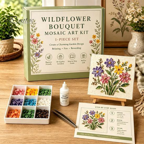 Handicraft Supplies for Home Sea Glass Mosaic Art Kit, Flower Insect DIY Unique Birthday Presents Her Craft Kit with Colorful Pieces Adults Beginners,