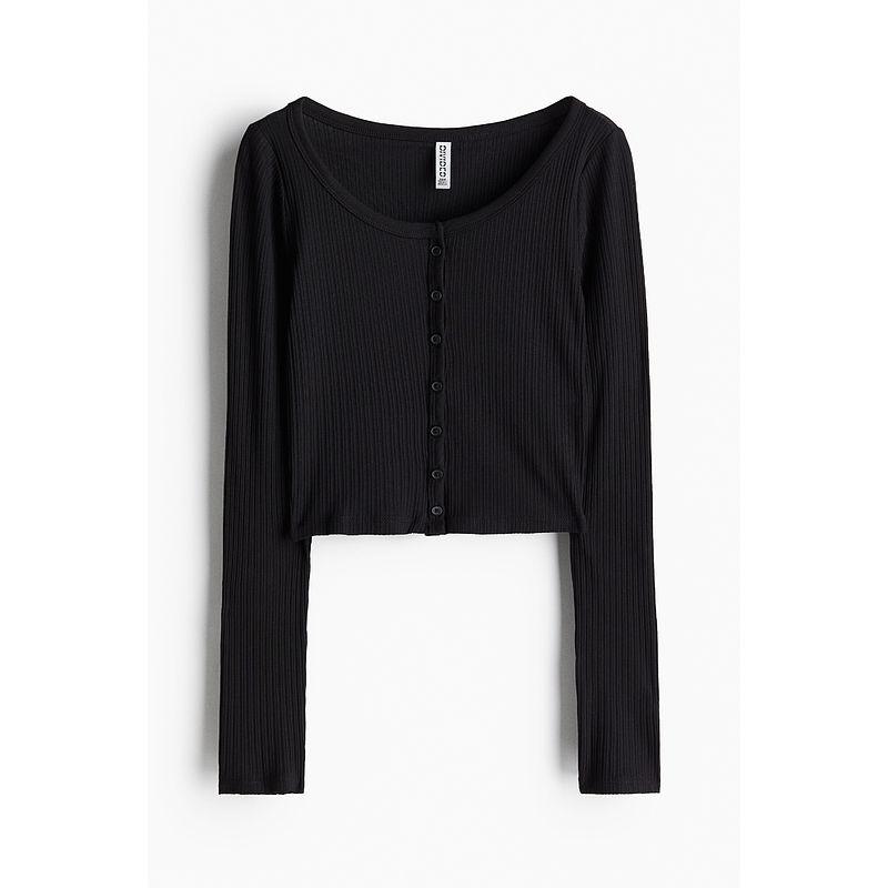 

Женская футболка HM Летняя Повседневная Круглый вырез Модная Застежка на пуговицы Рубчик Короткий топ 1234738 Black 160/88