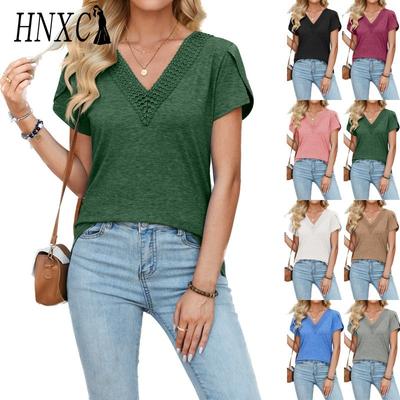 Women's Fashion Casual Solid Color Print Short Sleeve V Neck Blouses & Shirts