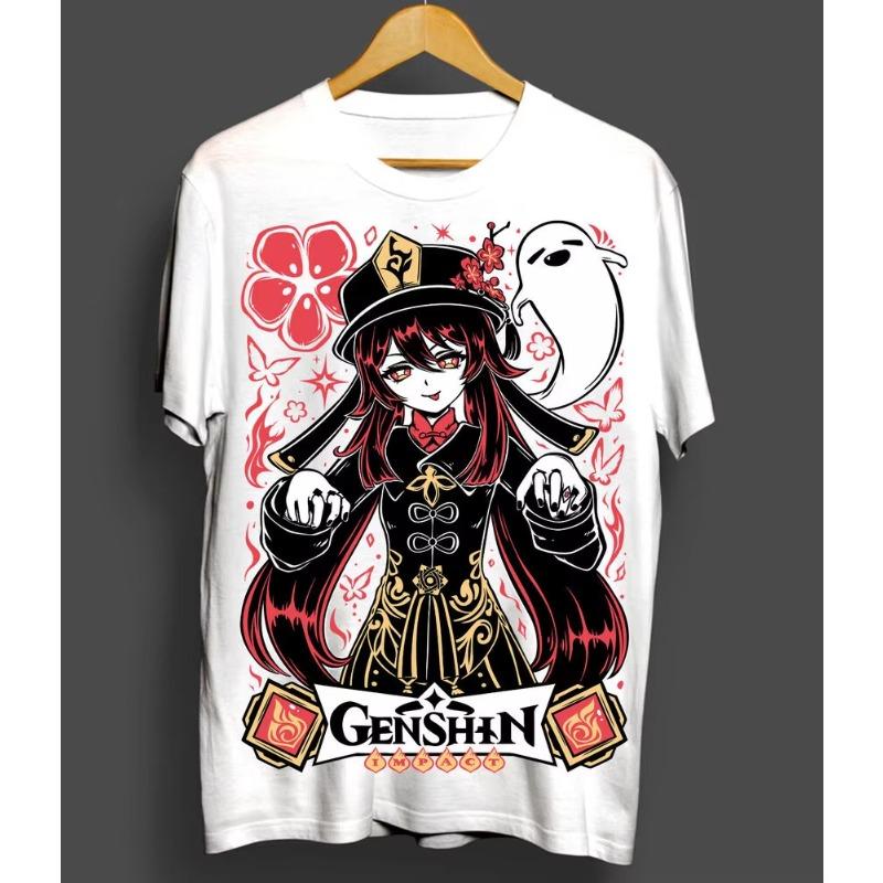 

Trend Summer 2025 Cosplay Neutral Black and White All Size Hu Tao T-shirt Genshin Impact Gorgeous Anime Manga Graphic Tee 4XL