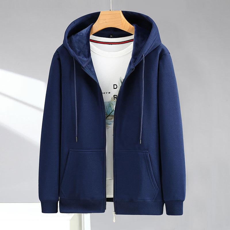 Men's Autumn and Winter Padded and Thickened Plus Size Hooded Cardigan Sweater Solid Colour Leisure Warm Sports Outerwear
