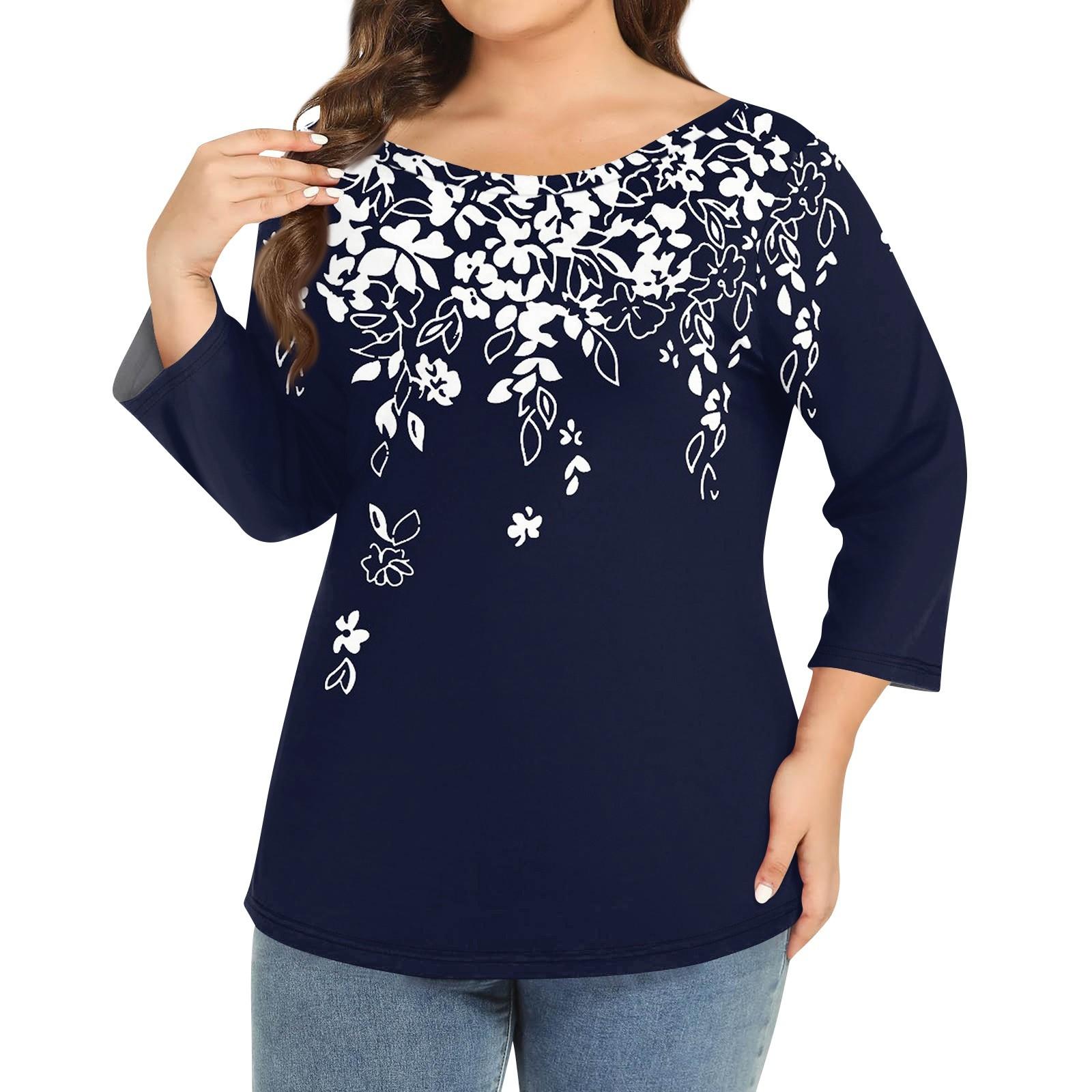 

Женский однотонный топ больших размеров с круглым вырезом и рукавами 3/4 XXXXXL тёмно-синий