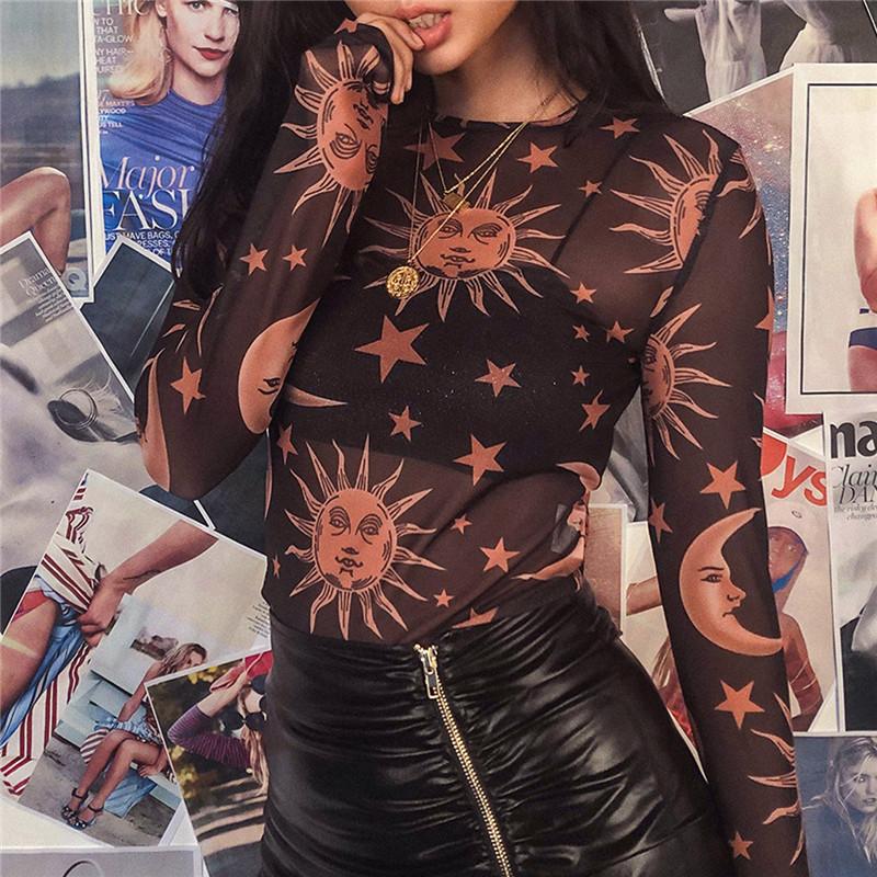 Sun Moon Printed Transparent Mesh Sexy T-Shirt Women O-Neck Long Sleeve Slim Basic Casual Female Tops 2026 Spring New