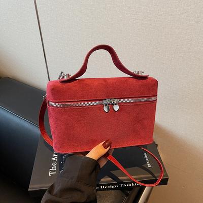 Solid Color Suede Box Handbags for Women Autumn Vintage Frosted Crossbody Bag Exquisite Commuting Zipper Shoulder Bags