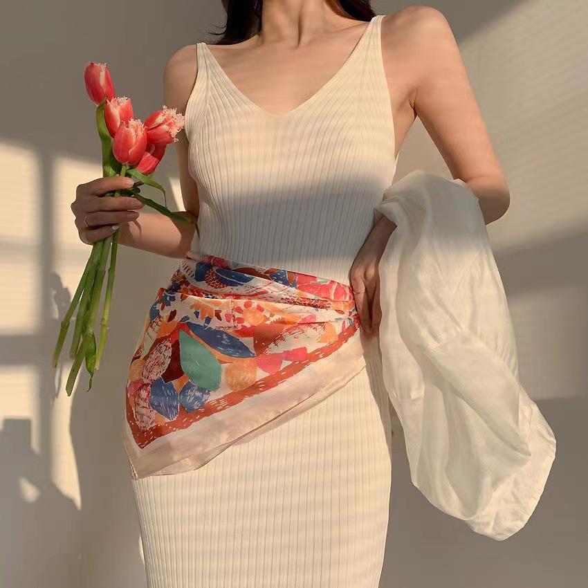Retro 70s French Silk Scarf: Versatile Summer Sunscreen Shawl & Headscarf