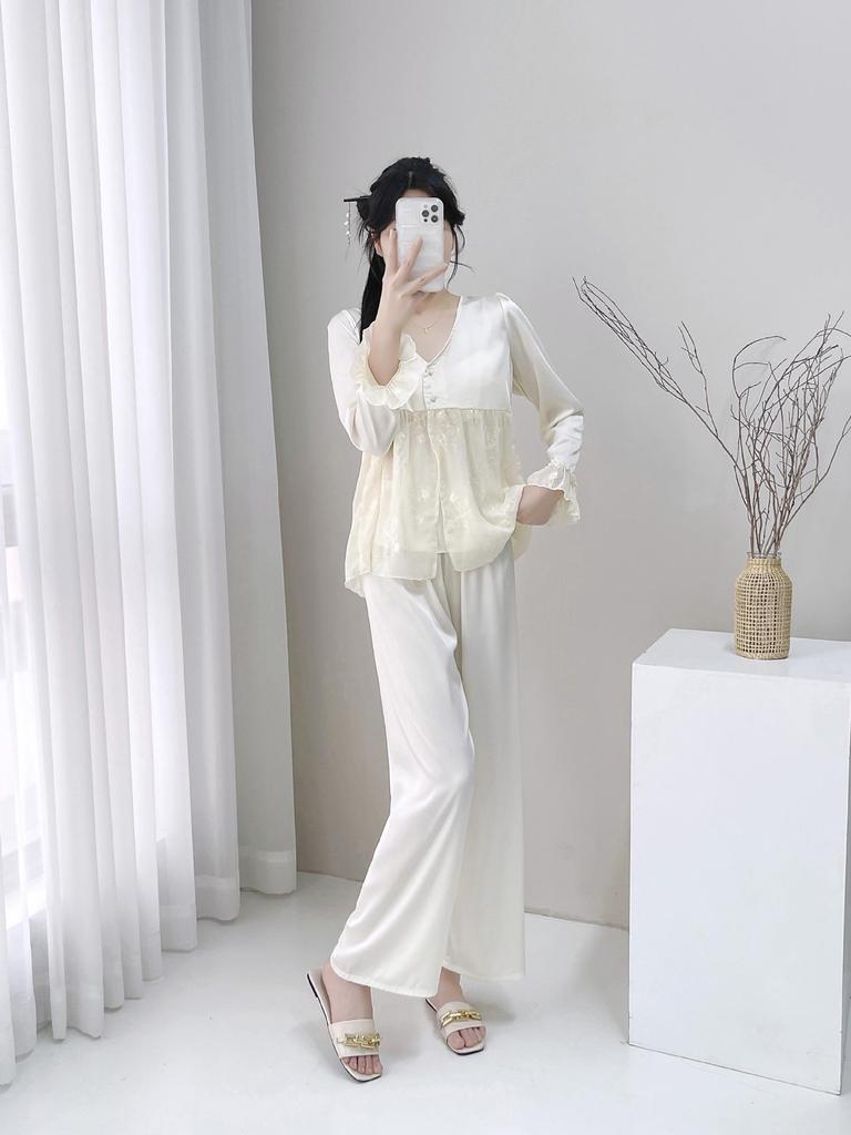 2025 Damen Spitzen Eisseiden Pyjama Dreiteiliges Set - Prinzessinnenstil Langarm & Hose für Zuhause oder Outdoor