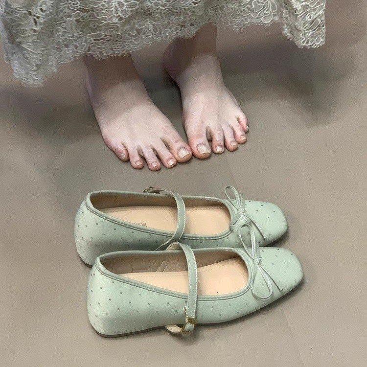 French Niche Square Head Bow Ballet Shoes Women's Autumn 2025 New Inner Height Increase Shallow Mouth One-word Strap Single Shoes