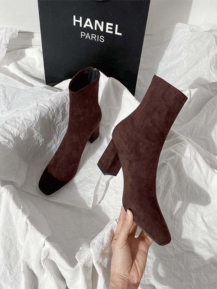Hnědé krátké boty dámské vysoké podpatky podzim a zima nové semišové zadní zip francouzské malé kotníkové boty silný podpatek elastické čtvercová špička tenké boty