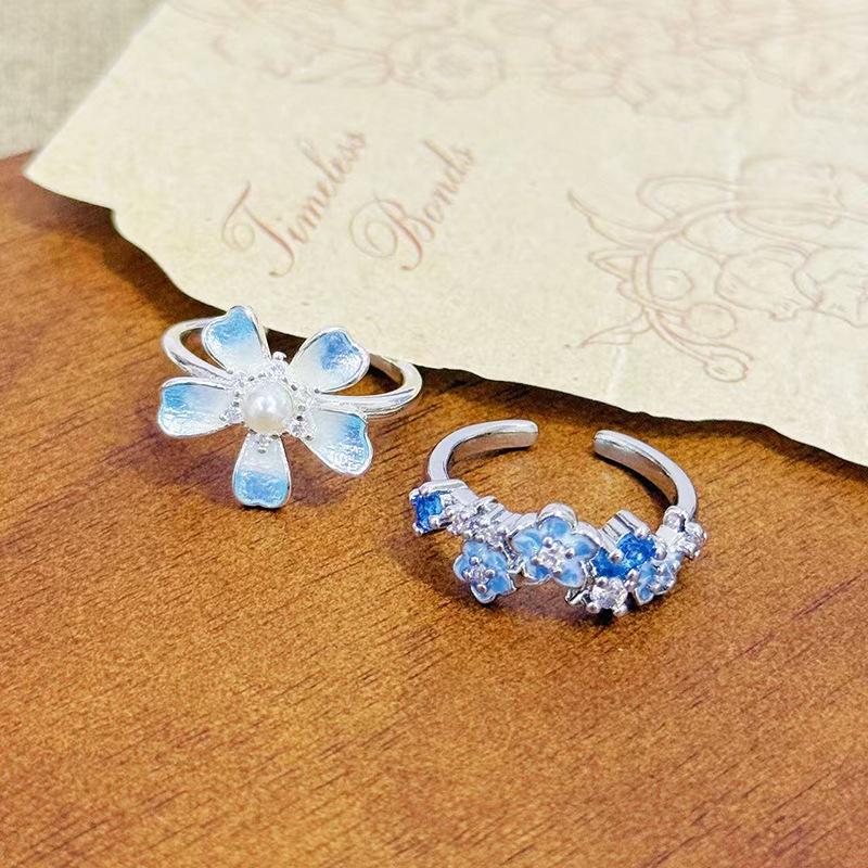 Star Flower Ring~ Blue Enamel Zircon Small Flower Adjustable Opening Ring Female Sweet Niche Index Finger Ring