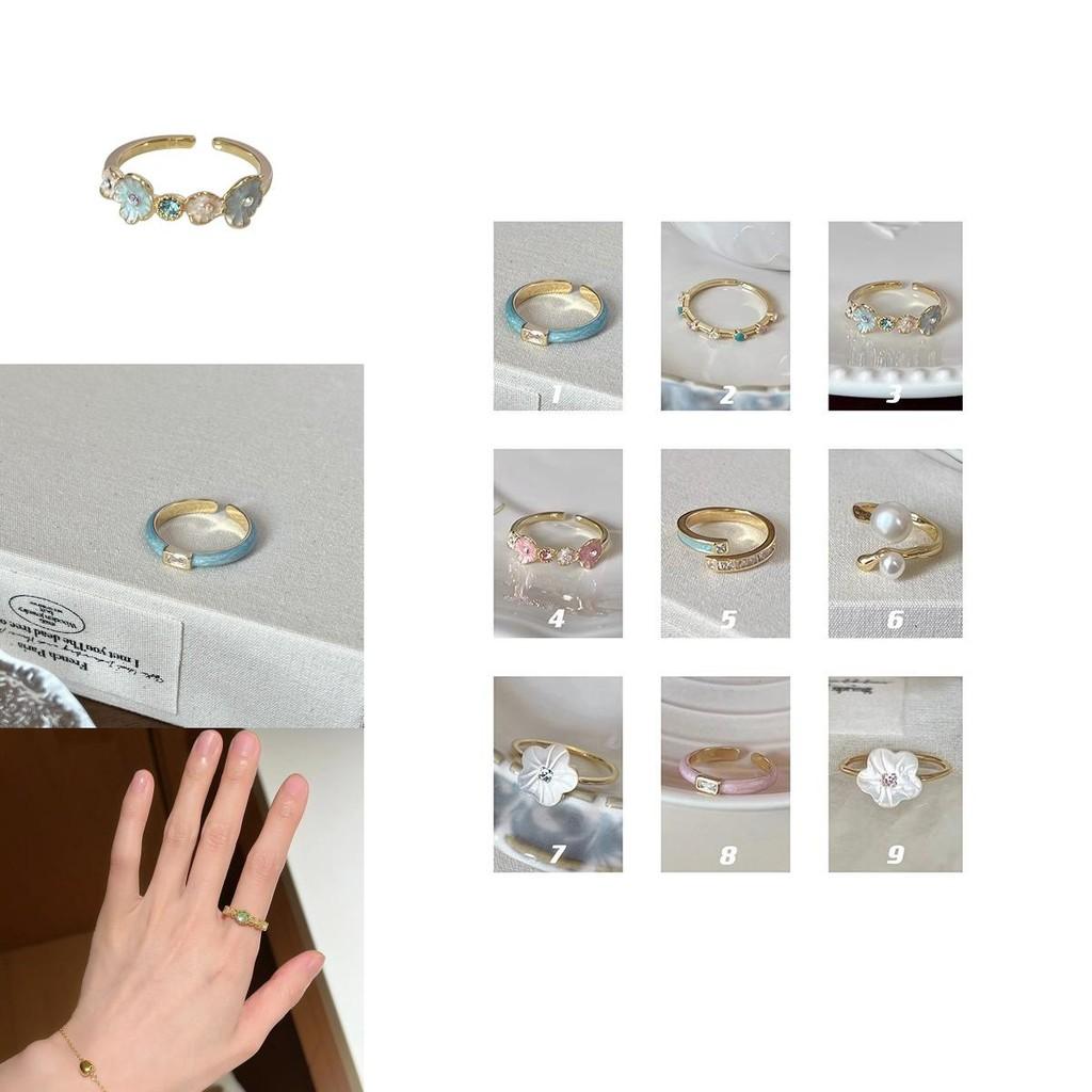 Stylish Geometric Floral Blue Enamel Copper Ring For Women Chic And Versatile Design