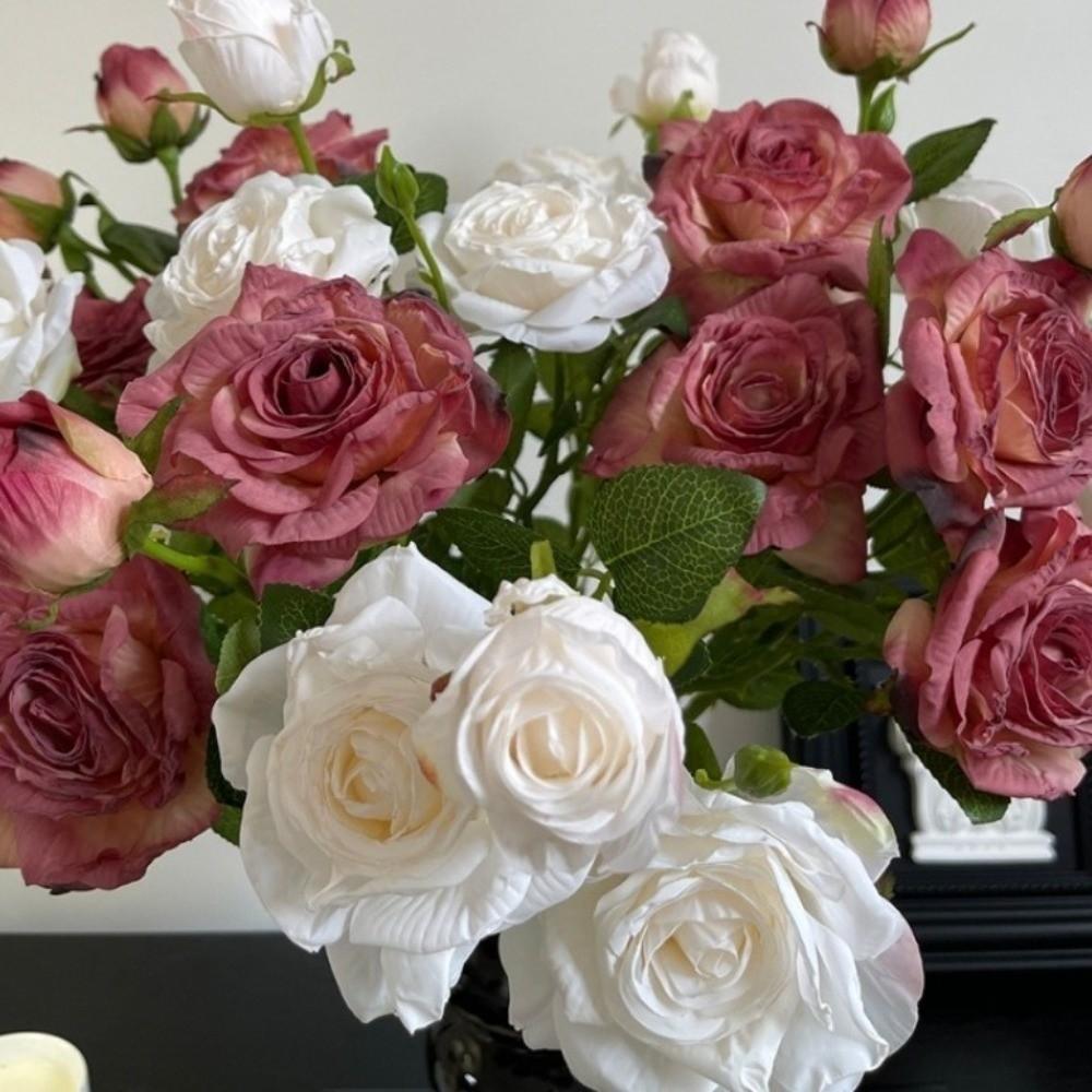 Fleurs de Rose Artificielles à 3 Têtes Bord Brûlé Bouquet de Pivoines Artificielles Rose Simulation Soie Cadeau Festif