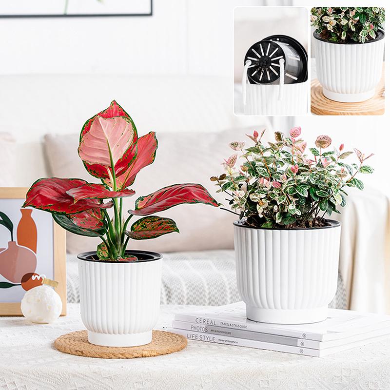 Lazy Self Watering Plastic Flower Pot Double Layer Hydroponics Green Plants Bonsai Pot Vases Succulent Potted Home Office Decor