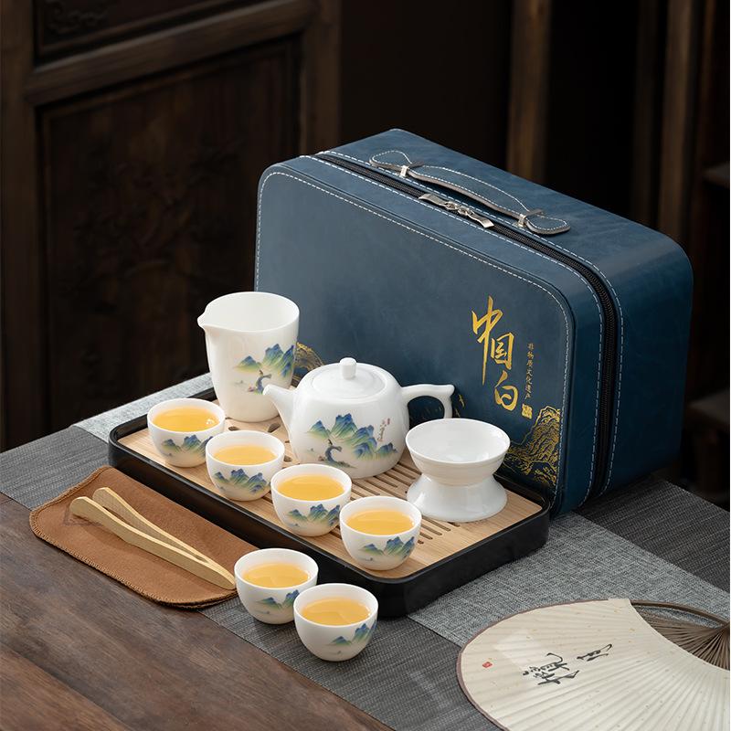 National Style Dehua Suet Jade White Porcelain Tea Set Household Meeting Cup Light Luxury Gift Box Business Festival