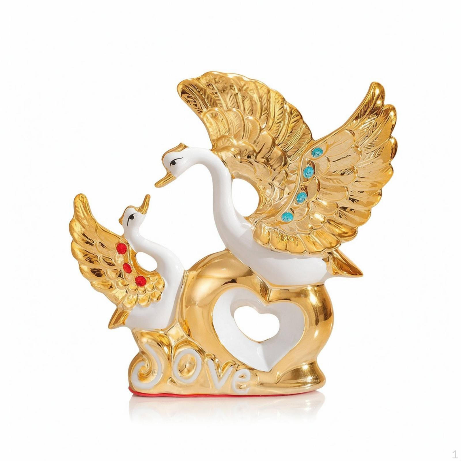Pair of Swans Statue with Golden Heart and Ceramic in White Swan Figurine Glossy for