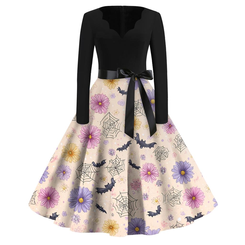 Women's Casual Fashion Halloween Printed V-Neck Vintage Dress