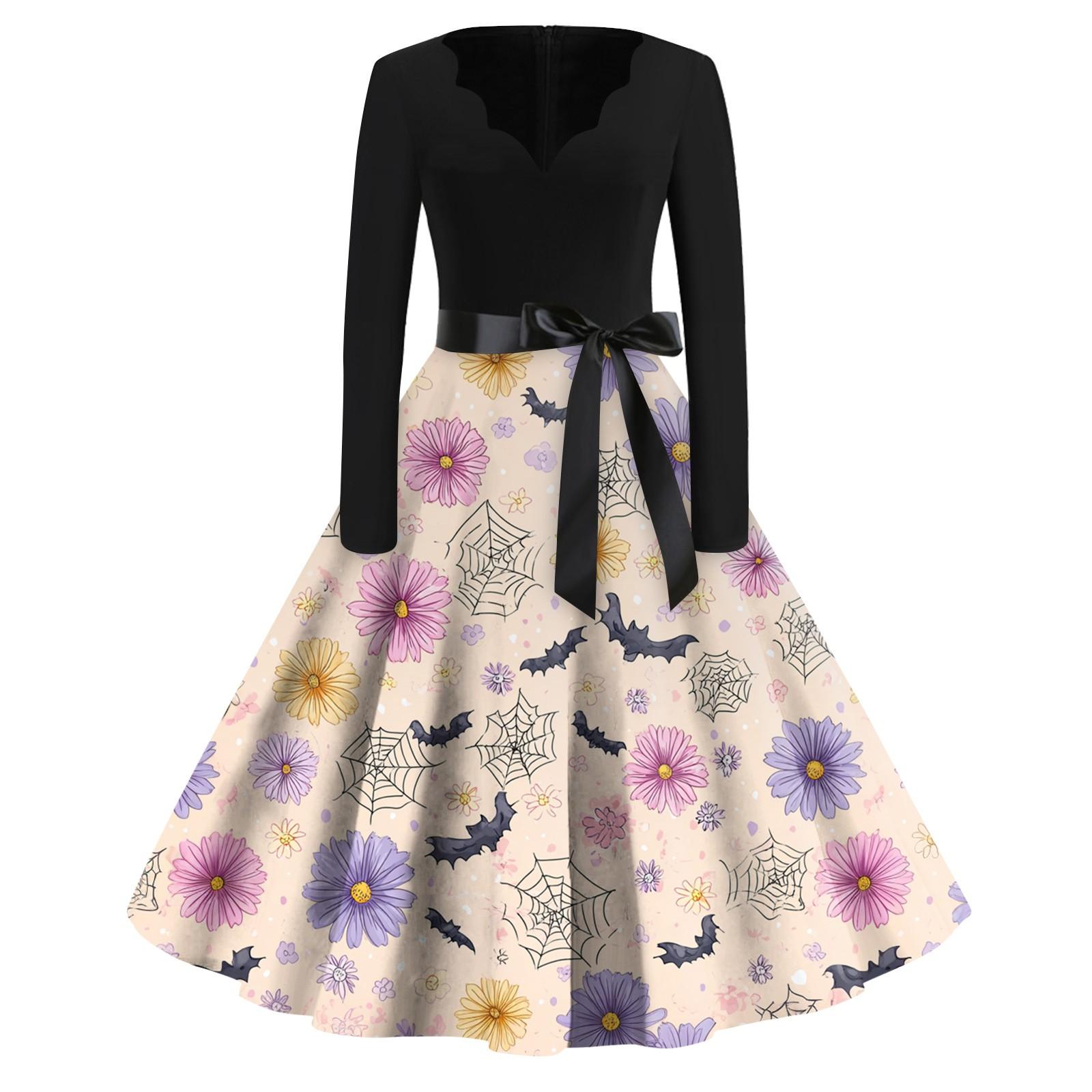 

Женское повседневное модное винтажное платье с принтом в виде V-образного выреза на Хэллоуин XXL