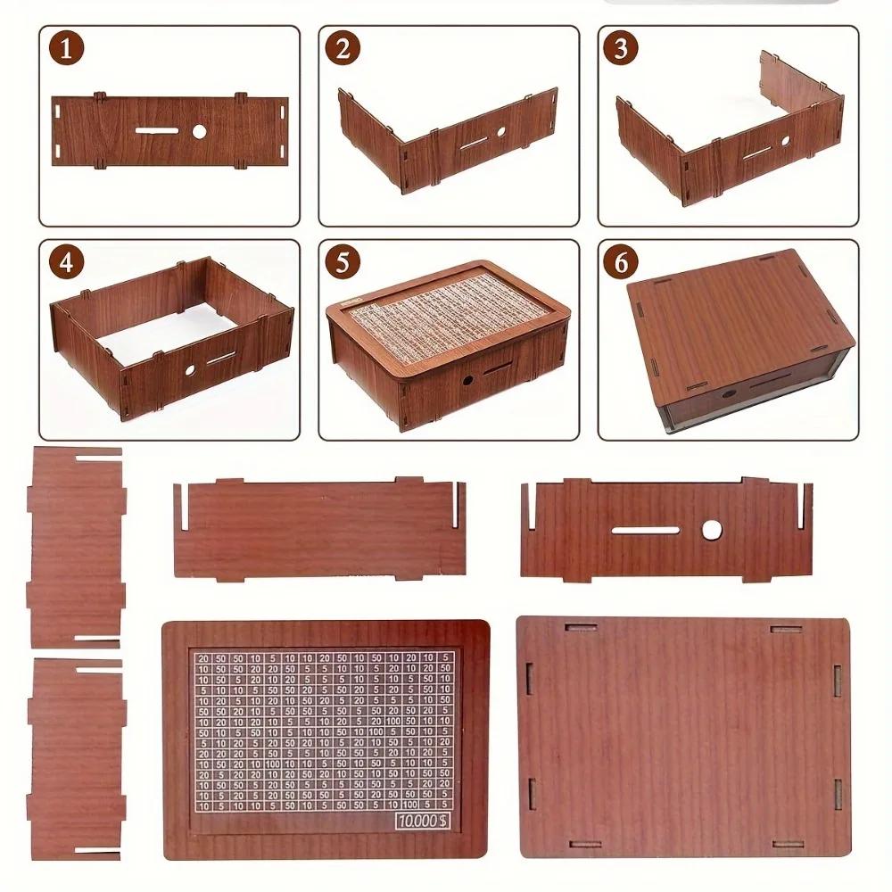 Euro Dollar Saving Money Box Handmade Wooden Cash Vault Piggy Bank with Money Goals Numbers for Kids Adults Gifts