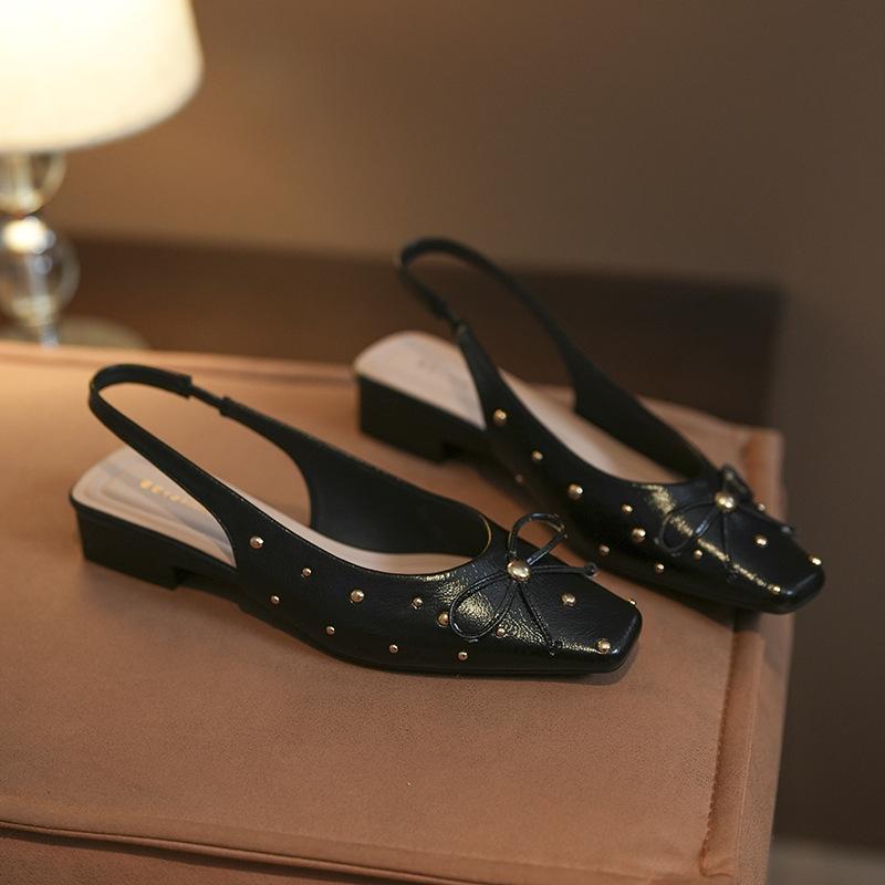 

Сандалии на толстом каблуке с пустым ремешком с бантом сзади, женская уличная обувь, в горошек, с заклепками, с квадратным мысом, туфли Мэри Джейн, летние 34 чёрный