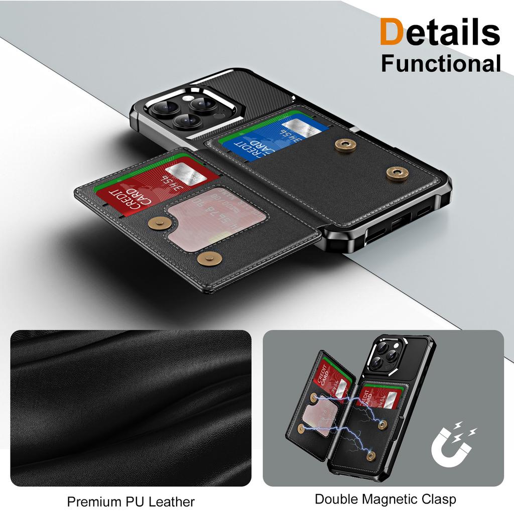 For iPhone 15 Pro Case Card Slot Kickstand Leather+TPU Reinforced Corner Phone Cover