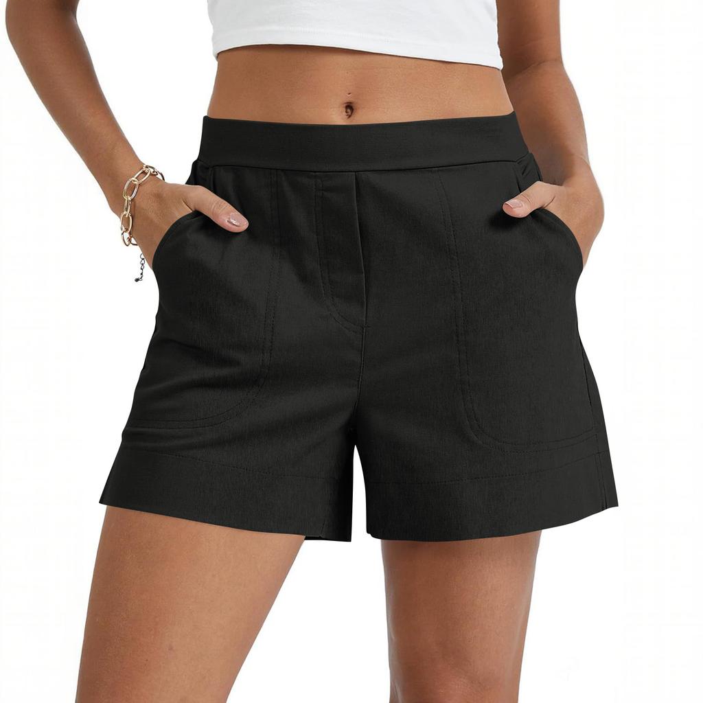 Women's Cotton And Linen Shorts, With Pockets, Soft Button Closure, Zipper, Slim Fit.