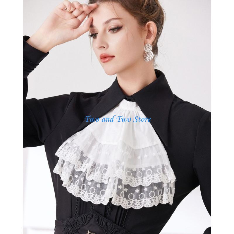 HX6F Elegant Ruffled False Neckpiece Breathable Cotton Feminine Clothing Decoration White CN
