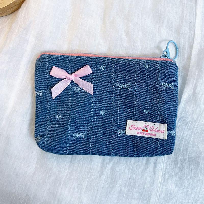 Denim Zero Wallet Madam Cute Bow Cosmetic Bag Storage Bag Travel Portable Makeup Organizer Wallet Purse with Zipper