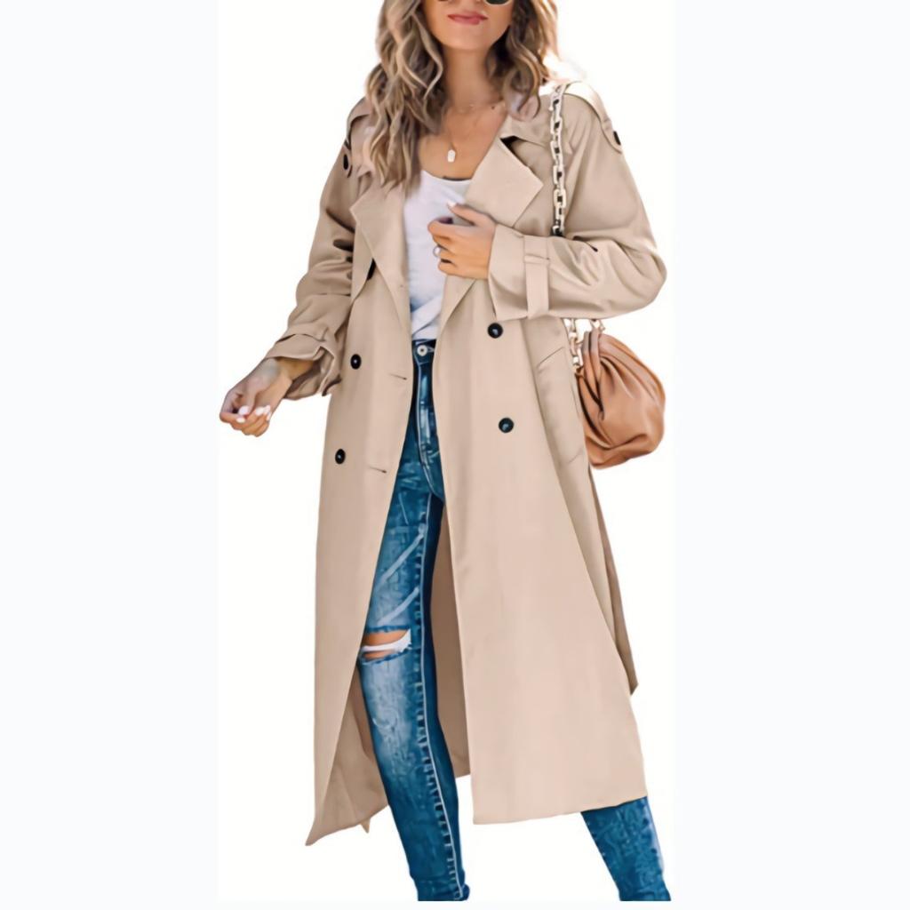 Women's Elegant Lapel Double Breasted Belted Long Sleeve Oversized Long Trench Coat Windbreaker Outerwear