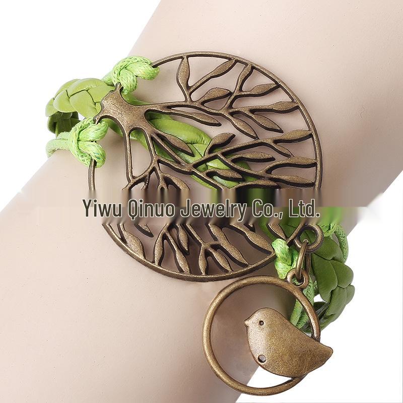 European-American Fashion Bracelet: Big Tree & Little Bird Natural Style, Adjustable PU Woven Rope Jewelry