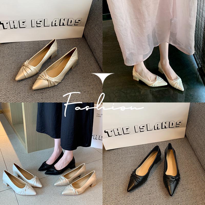 Women's French Style Chunky Heel Pointed Toe Leather Shoes, Autumn 2025 Edition