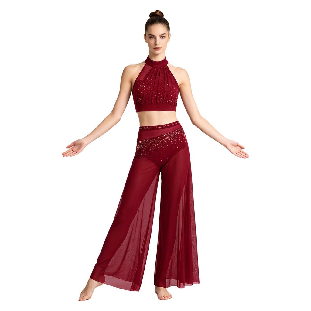 Women Halter Crop Top and Wide Leg Pants Set Rhinestone Mesh Patchwork Sleeveless with Built-in Bottoms Elastic Waist for Dance Club Performance