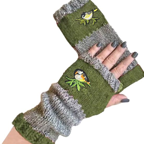 Yousheng 1 Pair Riding Gloves Embroidery Pattern Fingerless Knitted Gloves with Extended Cuffs Half-Finger Design Thumb Hole Winter Gloves